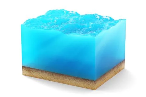 3d rendering of cross section of water cube with sandy bottom underwater Stock Illustration