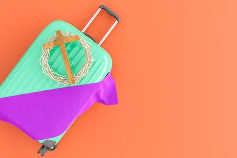3D rendering of crown of thorns and cross placed on suitcase Stock Illustration