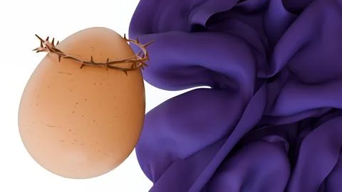 A 3d rendering of crown of thorns on an egg and flowing piece of purple fabric Stock Illustration