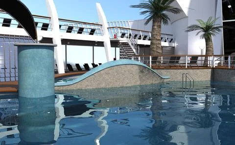 3D Rendering Cruise Ship Pool Deck Stock Illustration