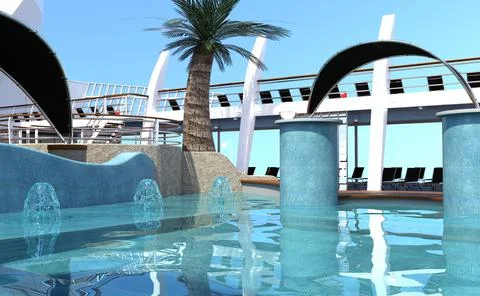 3D Rendering Cruise Ship Pool Deck Stock Illustration