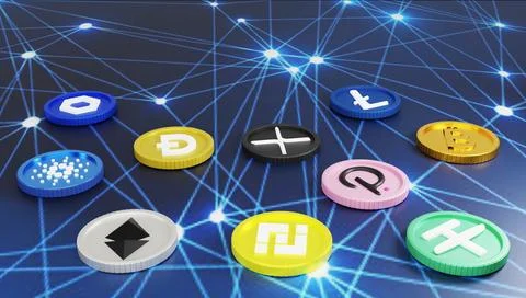 3D rendering cryptocurrency on the blockchain node texture background Stock Illustration