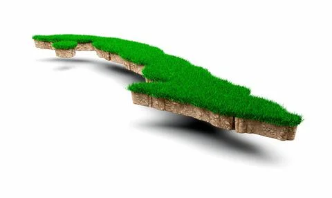 3D rendering of Cuba Map soil land geology cross section with green grass and Ro Stock Illustration
