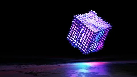 3d rendering cube glowing on concrete background empty Stock Photos