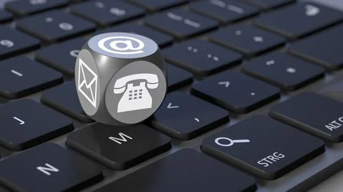 3d rendering of a cube with signs for email phone and letter Stock Illustration