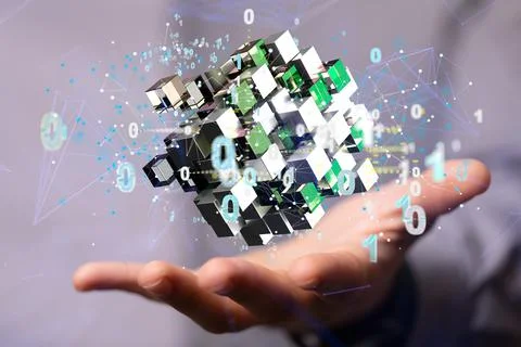 A 3D rendering of cubes and binary codes in a human hand - internet infrastru Foto stock
