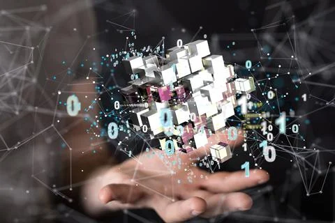 A 3D rendering of cubes and binary codes in a human hand - internet infrastru Foto stock