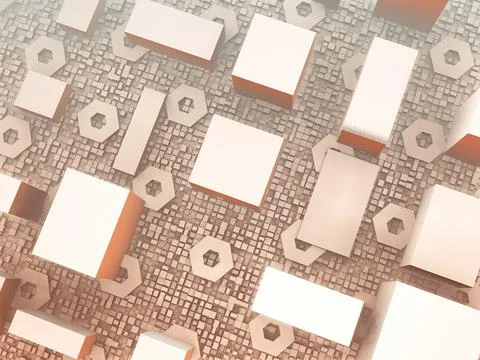 3D rendering of cubes, cuboids and hexagons on patterned surface from top Illustrazione stock