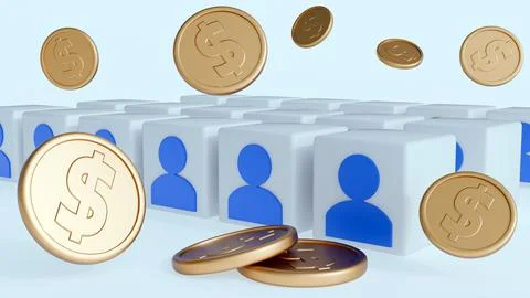 A 3d rendering of cubes with a human profile and gold coins with dollar signs. Stock Illustration
