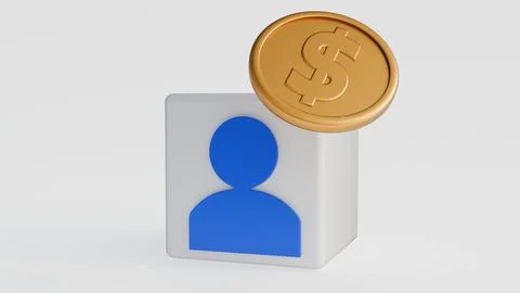 A 3d rendering of cubes with a human profile and gold coins with dollar signs. Stock Illustration