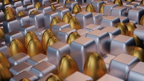 3D rendering of cubical and oval silver and golden tiles of different lengths Illustrazione stock