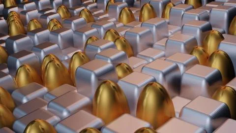 3D rendering of cubical and oval silver and golden tiles of different lengths Illustrazione stock