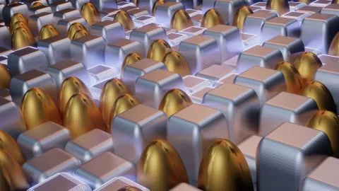 3D rendering of cubical and oval silver and golden tiles of different lengths Illustrazione stock