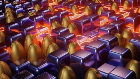 A 3D rendering of cubical and oval purple and golden illuminated tiles of dif Illustrazione stock