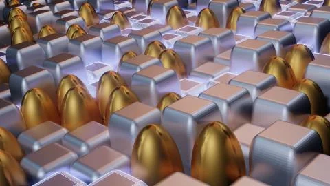 3D rendering of cubical and oval silver and golden tiles of different lengths Illustrazione stock