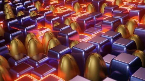 A 3D rendering of cubical and oval purple and golden illuminated tiles of dif Illustrazione stock