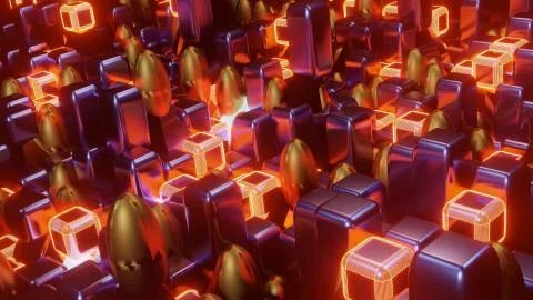 A 3D rendering of cubical and oval purple and golden illuminated tiles of dif Illustrazione stock