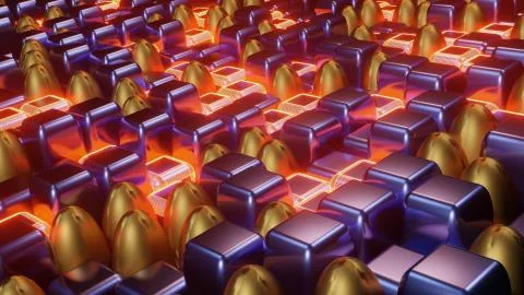 A 3D rendering of cubical and oval purple and golden illuminated tiles of dif Illustrazione stock