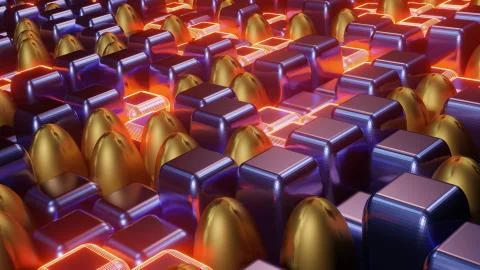 A 3D rendering of cubical and oval purple and golden illuminated tiles of dif Illustrazione stock