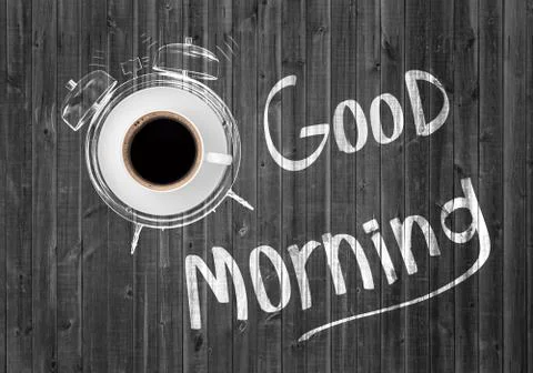 3d rendering of a cup of coffee on a saucer inside a chalk drawing of an alarm Illustrazione stock