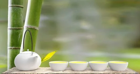3d rendering of cup of hot tea is laid on a wooden floor with nice background Stock Photos