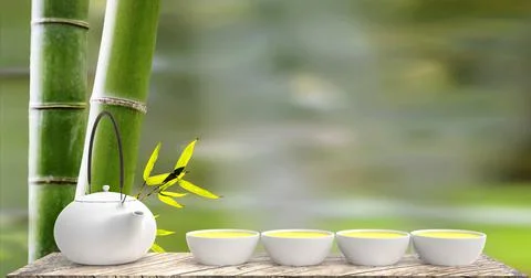 3d rendering of cup of hot tea is laid on a wooden floor with nice background Stock Photos
