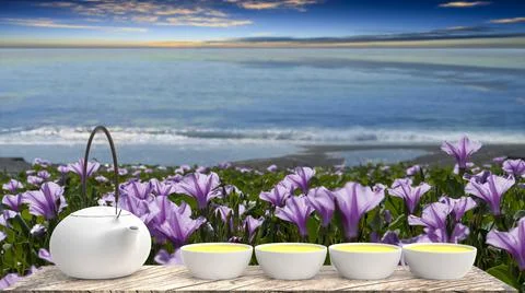 3d rendering of cup of hot tea is laid on a wooden floor with nice background Stock Photos