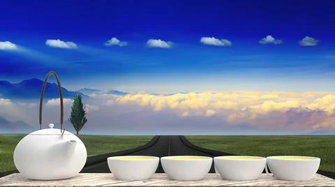 3d rendering of cup of hot tea is laid on a wooden floor with nice background Stock Photos