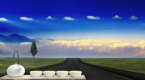 3d rendering of cup of hot tea is laid on a wooden floor with nice background Stock Photos