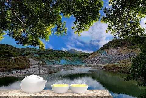 3d rendering of Cup with tea and teapot with nice background Stock Photos