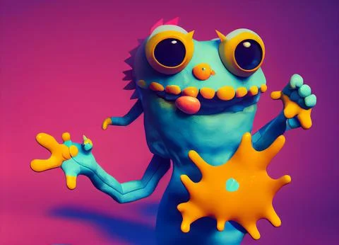 3D rendering of a cute blue tadpole monster on a pink background Ilustração Stock