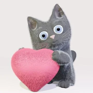 3D rendering of cute cartoon kitten with red heart. Stock Illustration