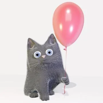 3D rendering of cute cartoon kitten with red balloon. Stock Illustration