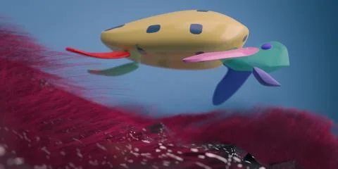 A 3D rendering of a cute colorful turtle swimming in water with pink fluffy g Stock Illustration
