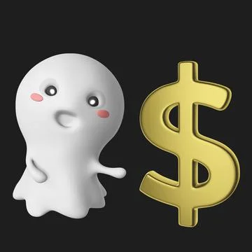 A 3d rendering of a cute ghost with a golden dollar sign isolated on a dark b Ilustración de archivo