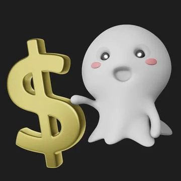 A 3d rendering of a cute ghost with a golden dollar sign isolated on a dark b Ilustración de archivo