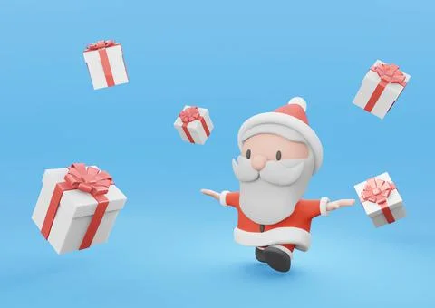 3d Rendering Cute Santa Running with White Present Box Stock Illustration