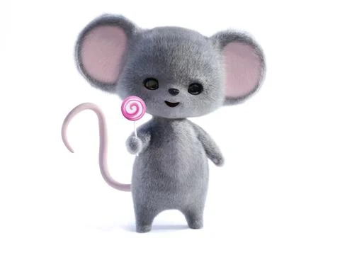 3D rendering of a cute smiling mouse holding lollipop. Stock Illustration