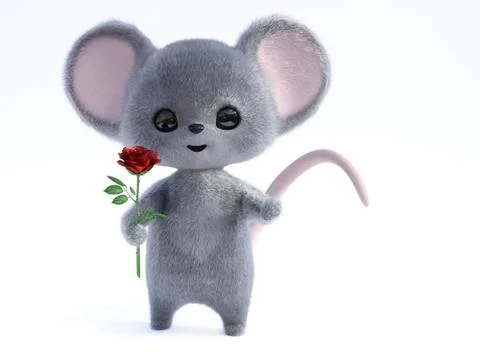 3D rendering of a cute smiling mouse holding rose. Stock Illustration
