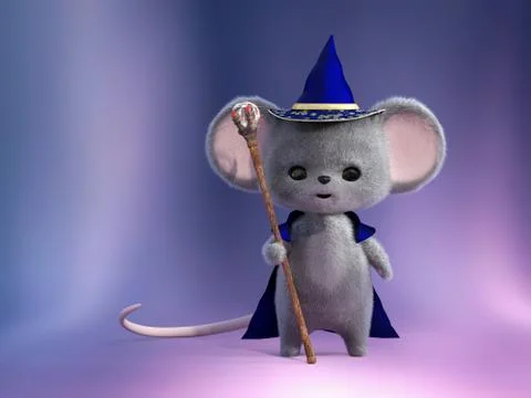 3D rendering of a cute smiling mouse wizard. Illustrazione stock