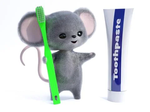 3D rendering of a cute smiling mouse holding giant toothbrush. Stock Illustration