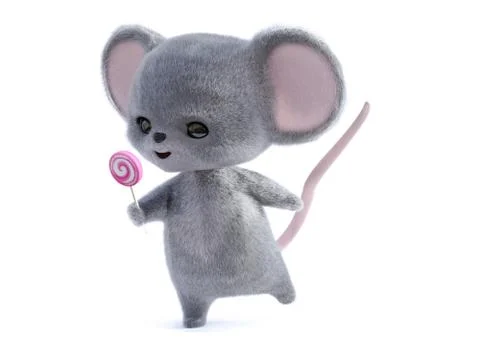 3D rendering of a cute smiling mouse holding lollipop. Stock Illustration