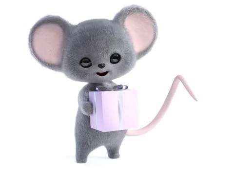 3D rendering of a cute smiling mouse holding gift. Stock Illustration