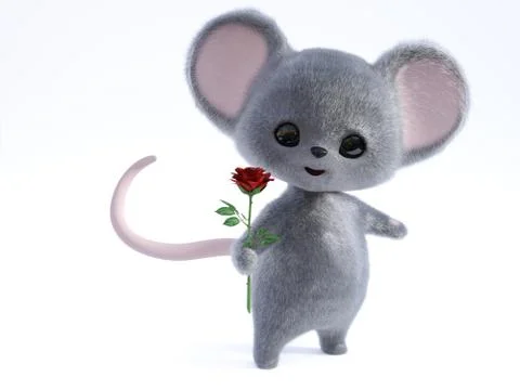 3D rendering of a cute smiling mouse holding rose. Stock Illustration