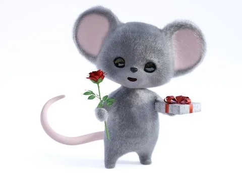 3D rendering of a cute smiling mouse being romantic. Stock Illustration