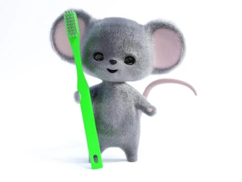 3D rendering of a cute smiling mouse holding giant toothbrush. Stock Illustration