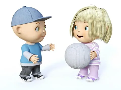 3D rendering of a cute toddler boy and girl playing ball. Illustrazione stock