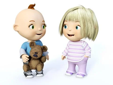 3D rendering of a cute toddler boy and girl looking at each other. Stock Illustration