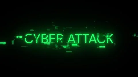 3D rendering cyber attack text with screen effects of technological glitches Stock Photos