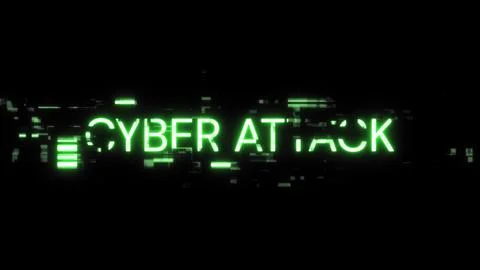 3D rendering cyber attack text with screen effects of technological glitches Stock Photos